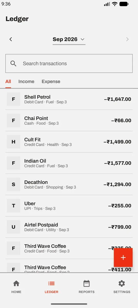 The ledger: a month of transactions grouped by day, with search and income/expense filters.