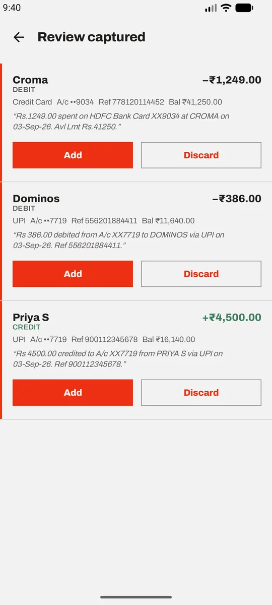 Review captured: three transactions read from bank messages, each quoting the original SMS, each with an Add and a Discard button.