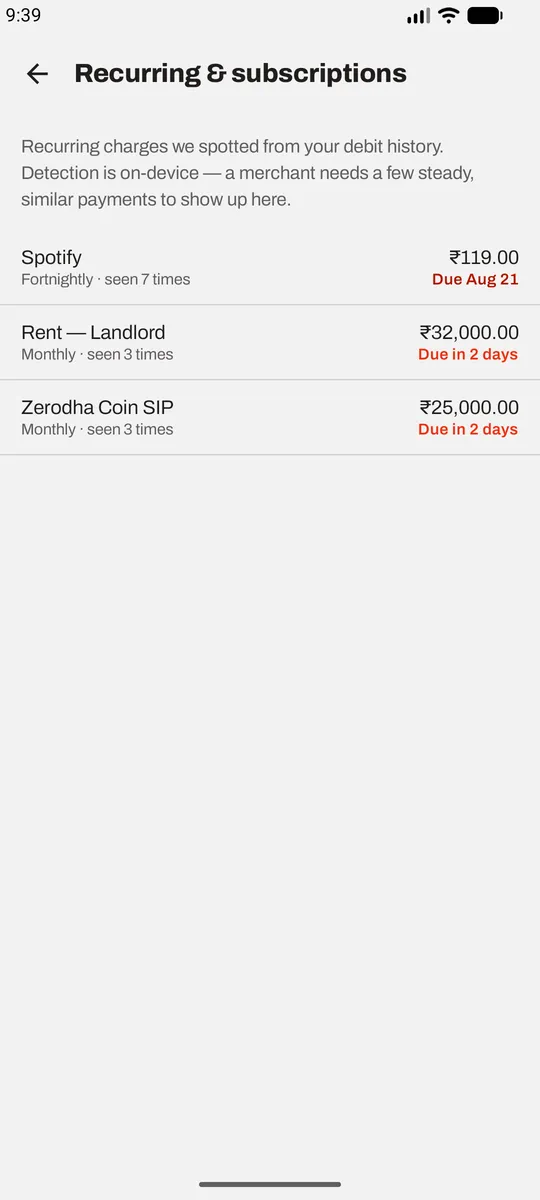 Recurring charges detected from debit history, each with its cadence and next expected date.