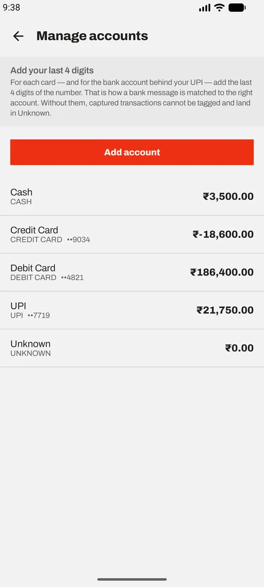 Manage accounts: each account with its opening balance and current total, and archived accounts listed separately.