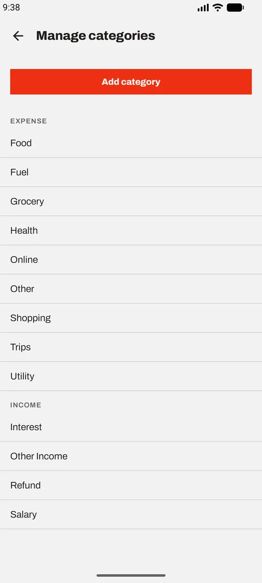 Manage categories: the income and expense categories, editable and addable.