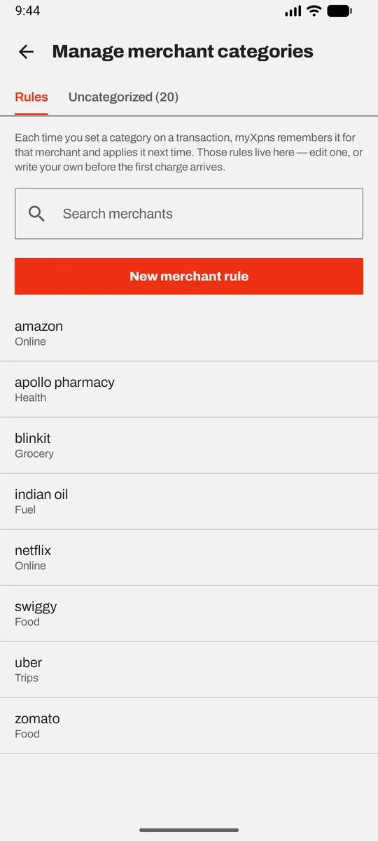 Manage merchant categories: the merchant-to-category rules the app has learned, beside an Uncategorized tab.