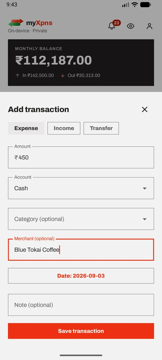 Add a transaction: a bottom sheet with amount, direction, account, category and date.