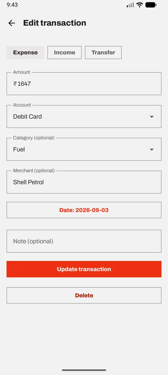 Editing a transaction, with the option to delete it.