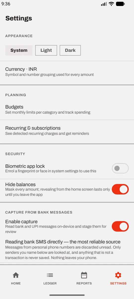 Appearance settings: theme, currency, app lock and hide balances.