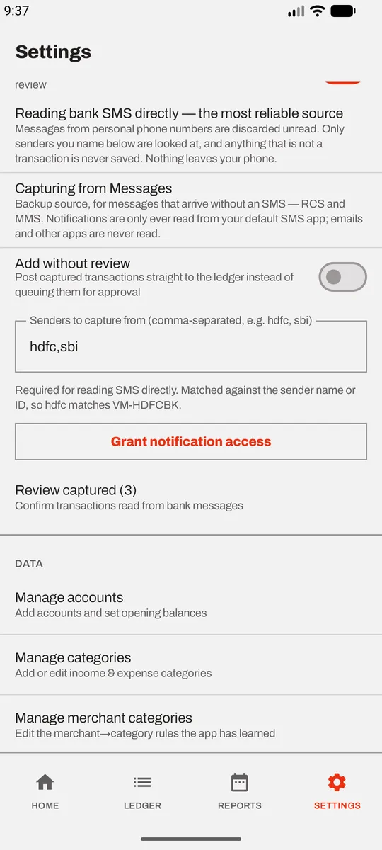 Capture settings: an explanation that messages from personal numbers are discarded unread, an Add without review toggle left off, and a sender list containing hdfc, sbi.
