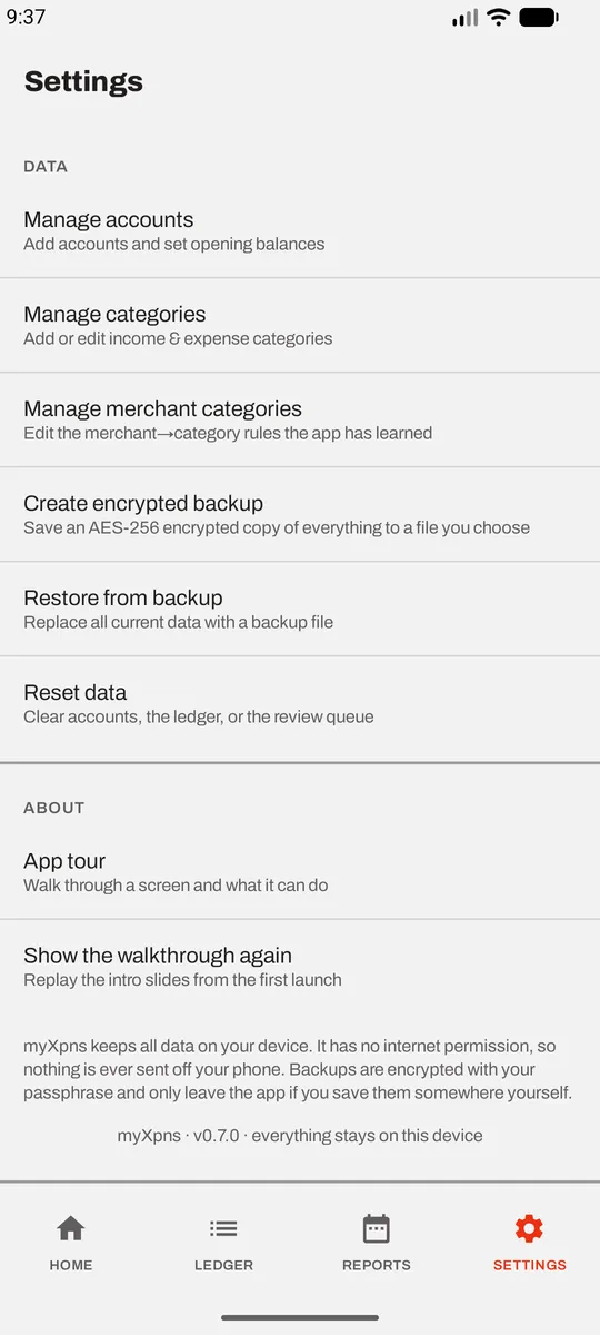 Data settings: create an AES-256 encrypted backup, restore from a backup, reset data, and a footer reading myXpns v0.7.0 — everything stays on this device.