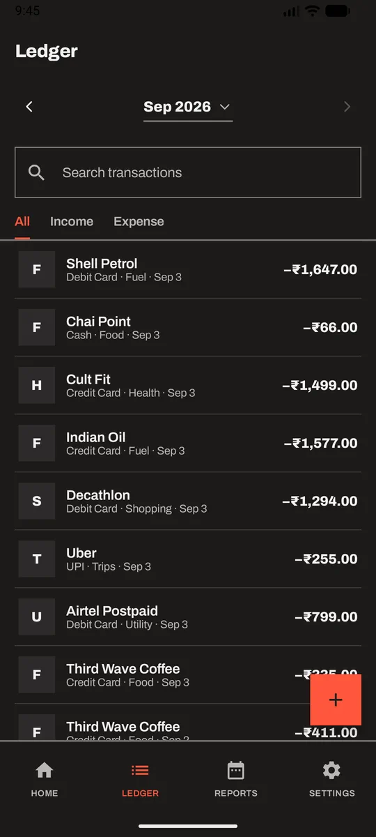 The ledger in dark mode: transactions grouped by day with credits in green and debits in light ink.